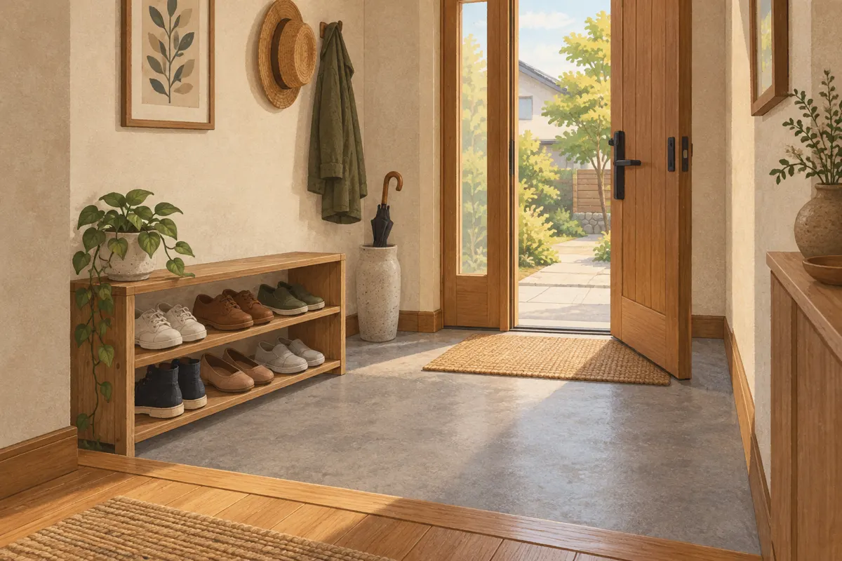 Illustration of a narrow entryway with shoes on a shallow rack outside the door’s swing.