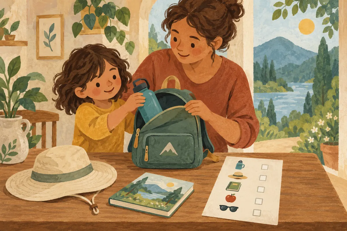 Illustration of a child and adult packing an outing bag using a picture checklist.
