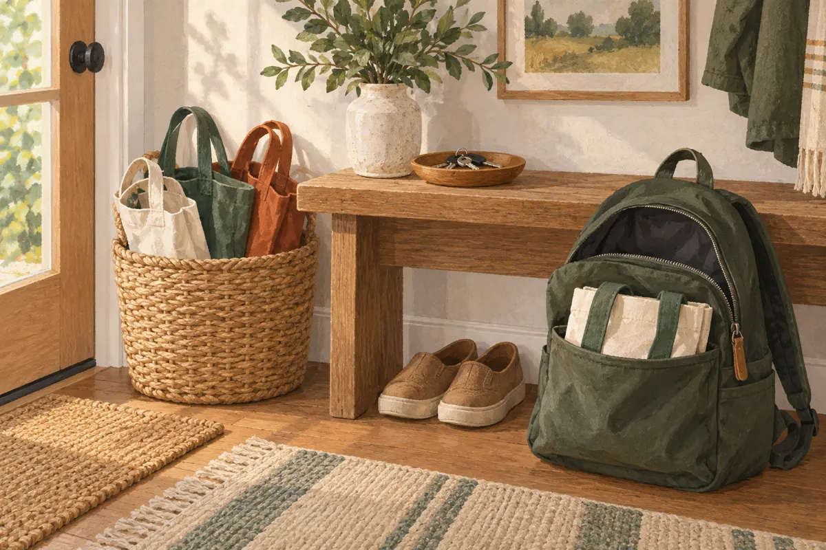 Illustration of reusable shopping bags ready beside everyday belongings in a home entryway.