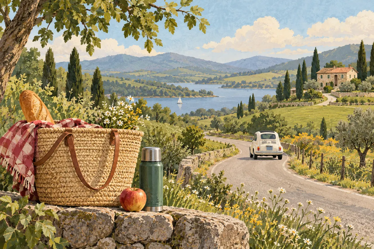 Illustration of a countryside day trip with a car, picnic bag, and home in the distance.