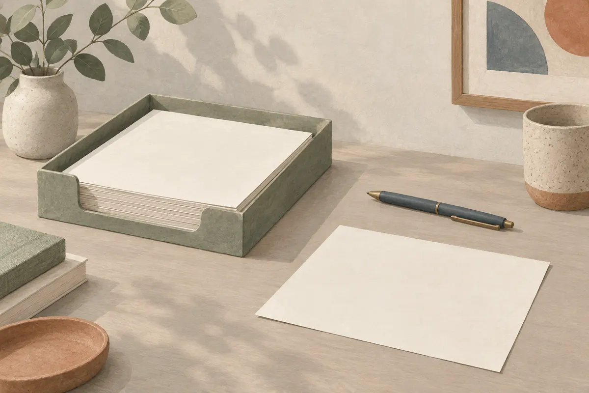 Illustration of a tidy scrap-paper station with a shallow tray, blank paper, and a pen.