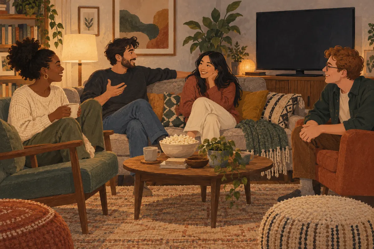 Illustration of friends sharing their reactions after watching a movie.