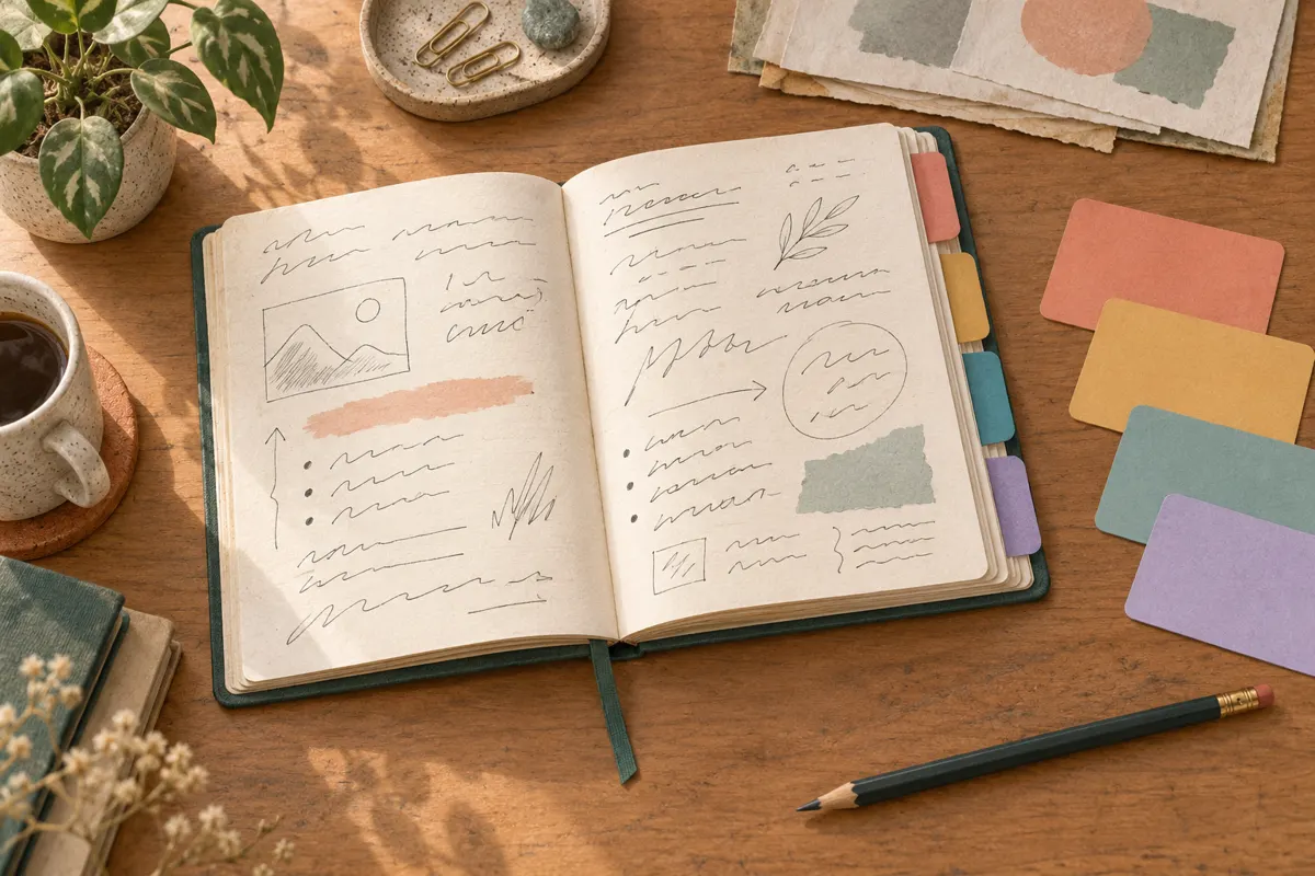 Illustration of handwritten notes organized into topic groups beside study cards and a pencil.